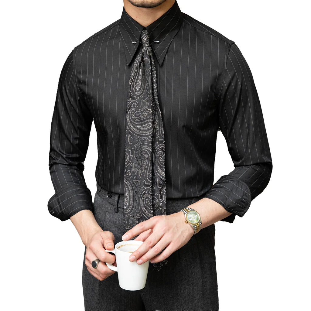 Wholesale Custom Italian Business Fashion Men's Shirts Long Sleeve Black Stripes Slim Anti-Wrinkle Polyester Fiber for Autumn