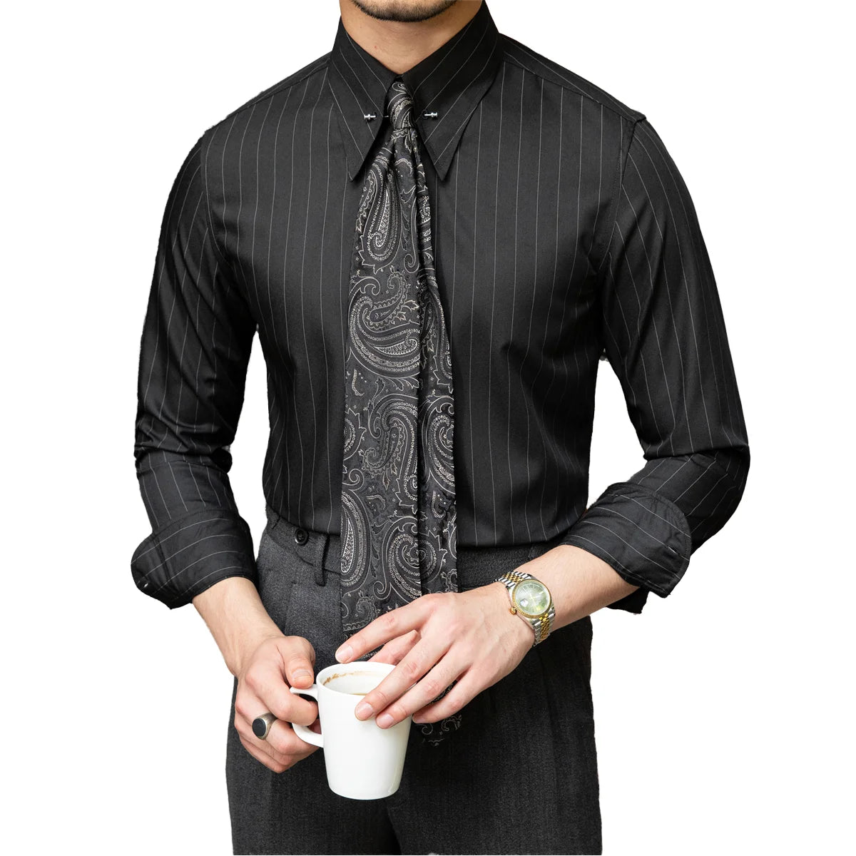 Wholesale Custom Italian Business Fashion Men's Shirts Long Sleeve Black Stripes Slim Anti-Wrinkle Polyester Fiber for Autumn