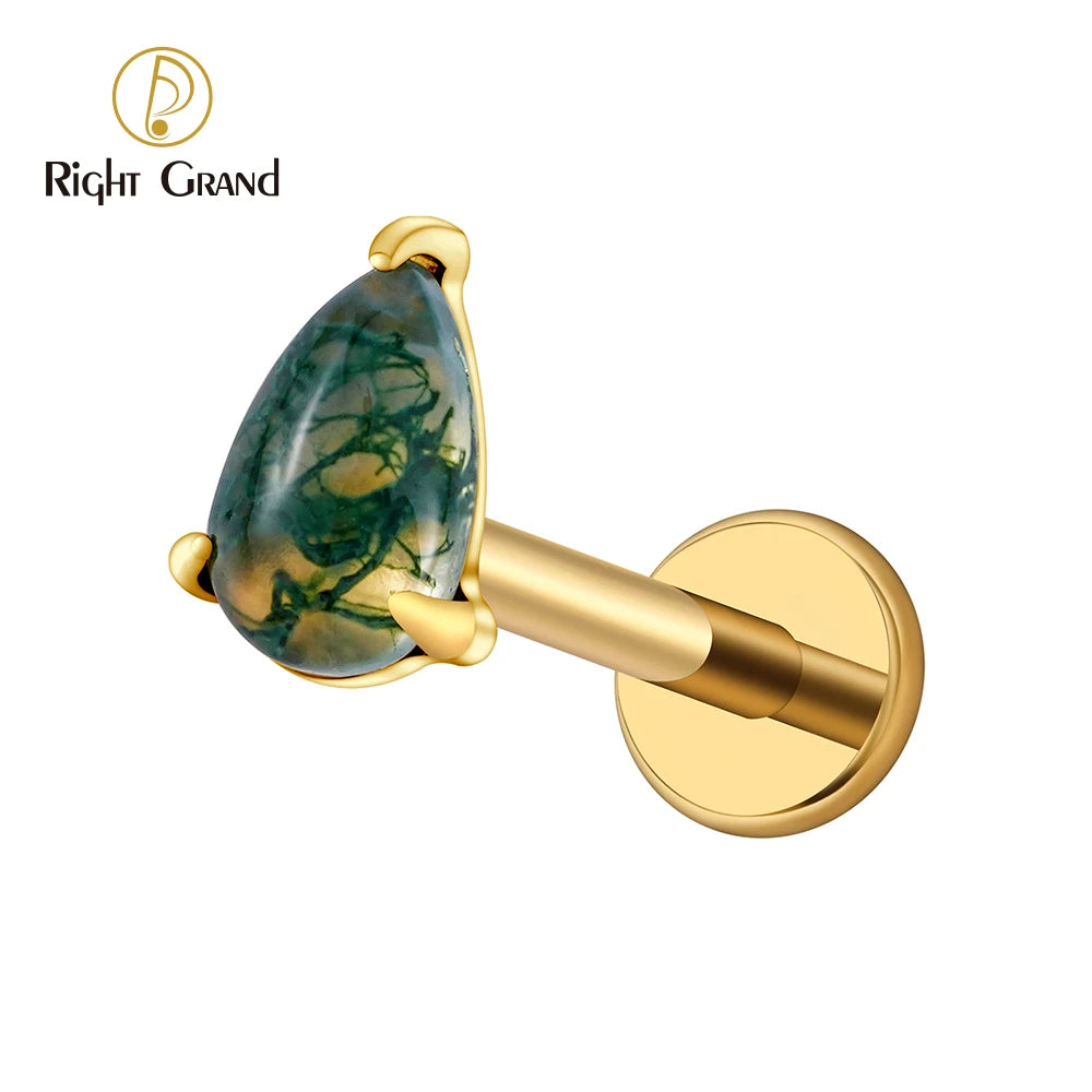ASTM F136 Titanium 16G Internal Thread Pear Agate Flat Back Labret Stud Natural Stone Cartilage Earring Helix Tragus Piercing