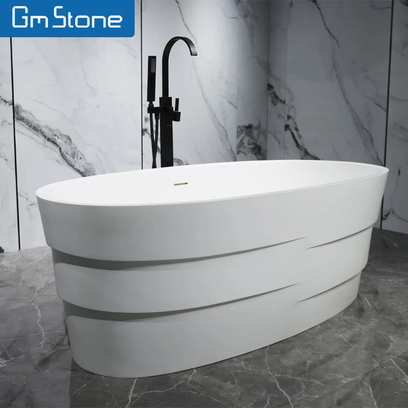 GM Modern Stylish Elegance Freestanding Bath Tubs Solid Surface Artificial Stone with Drainer Soaking Bath for Bathroom