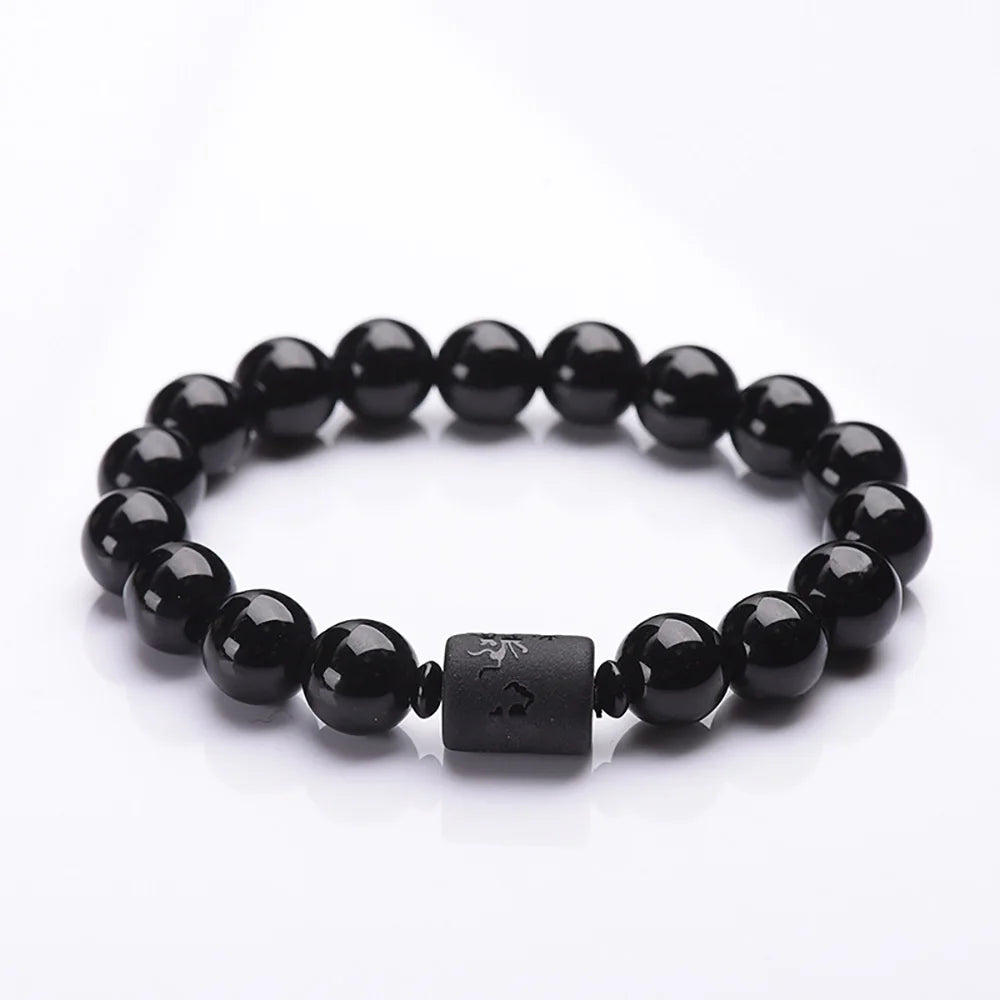 Low Price Fashinoal Crystal Obsidian Beads Bracelet Engrave with Dragon or Phoenix Totem Cylinder Bead Men or Women