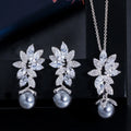 Korean Minimalist Bridal 2 Pcs Cubic Zirconia Leaf Pearl Dangle Stud Earring Choker Necklace Set Bridesmaid Wedding Jewelry Sets