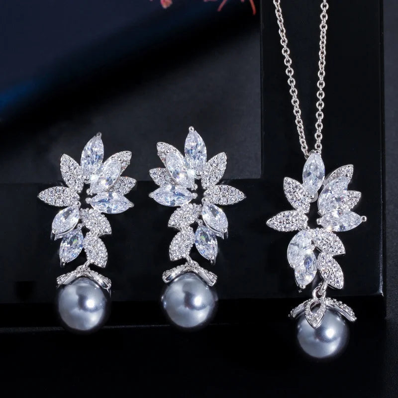 Korean Minimalist Bridal 2 Pcs Cubic Zirconia Leaf Pearl Dangle Stud Earring Choker Necklace Set Bridesmaid Wedding Jewelry Sets