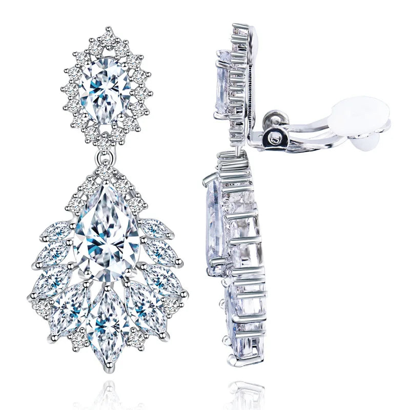 Shinning 18K White Gold Zircon Water-drop Clip Earrings Wedding Party Fine Accessories Piercing Jewelry