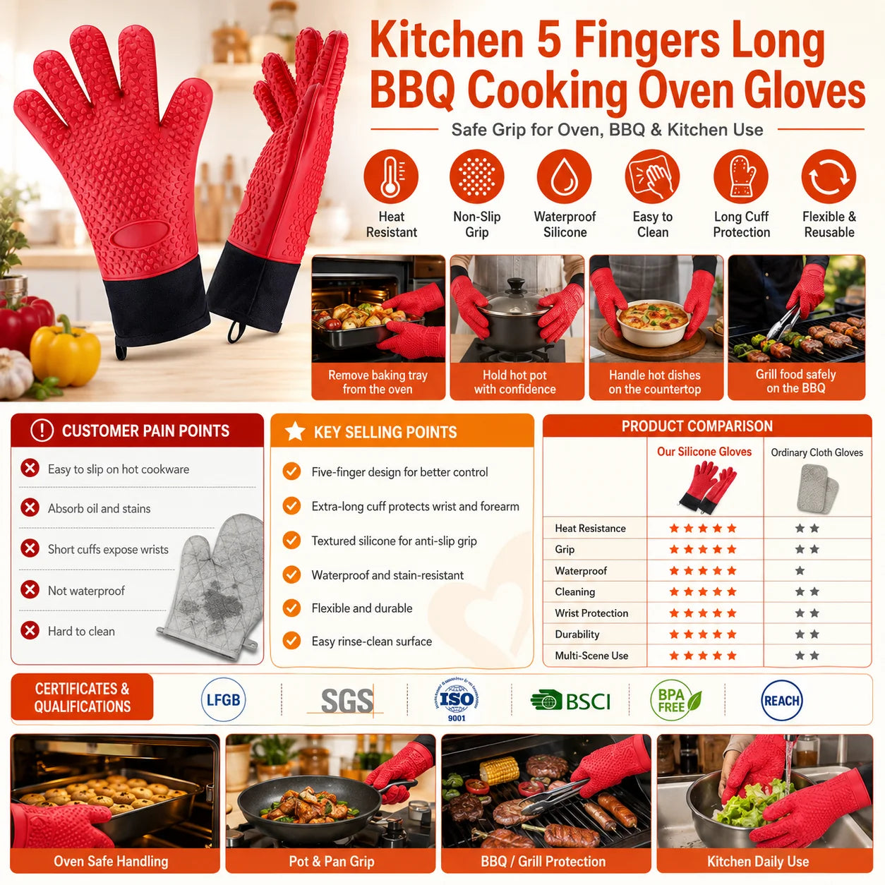 Custom Logo 5 Finger Long BBQ Gloves 1472F Heat Resistant Silicone Oven Mitts Factory Direct Wholesale for Private Label