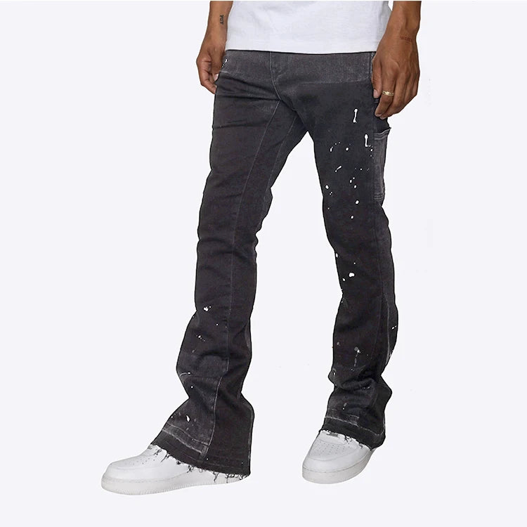HL Factory Manufacture Streetwear Paint Splash Raw Hem Cut Edge Carpenter Jeans Custom Heavyweight Stacked Jeans Men Flare