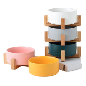 Durable Ceramic Round Dog Cat Bowl No Spill Elevated Pet Food Water Dish with Steel Wood Stand for Indoor Camping Use Small Size