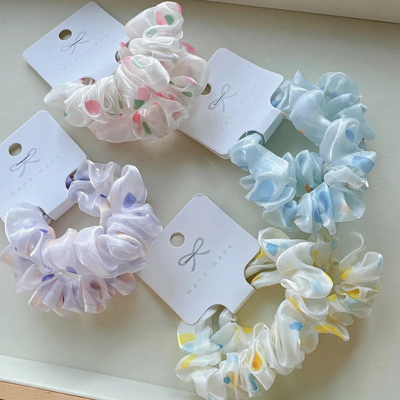 Simple Fashion Hair Ties for Girls New Design 2pcs/set Polka Dot Organza Gauze High Stretch Hair Rope Sweet Style