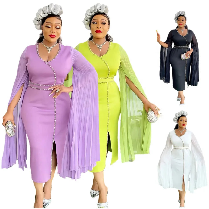 8624# Trendy Elegant Plus Size Party Dress Women Long Pleated Sleeves Wrap Hip Slim Beaded African Dresses for Women Clothing