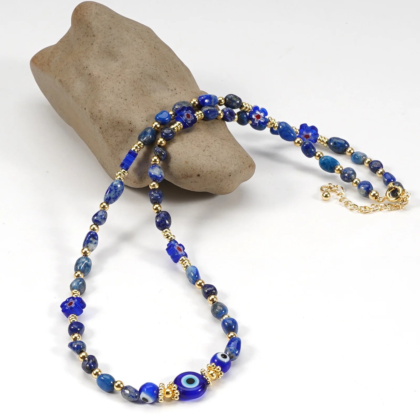 Devil Eye Natural Lapis Lazuli Oval Stone Beaded Necklace for Women Semi-precious Gemstone Healing Crystal Energy Bracelet Gift