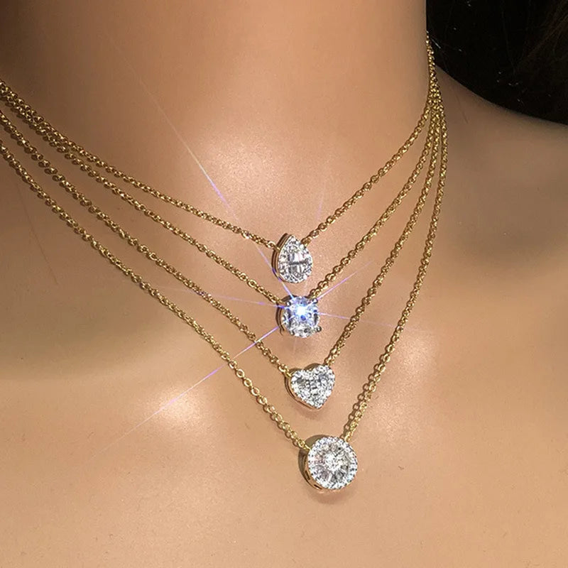 Chic Silver Gold Plated Water Drop Necklace Micro-Inlaid Cubic Zirconia CZ Love Heart Choker Trendy Parties Gifts Christian