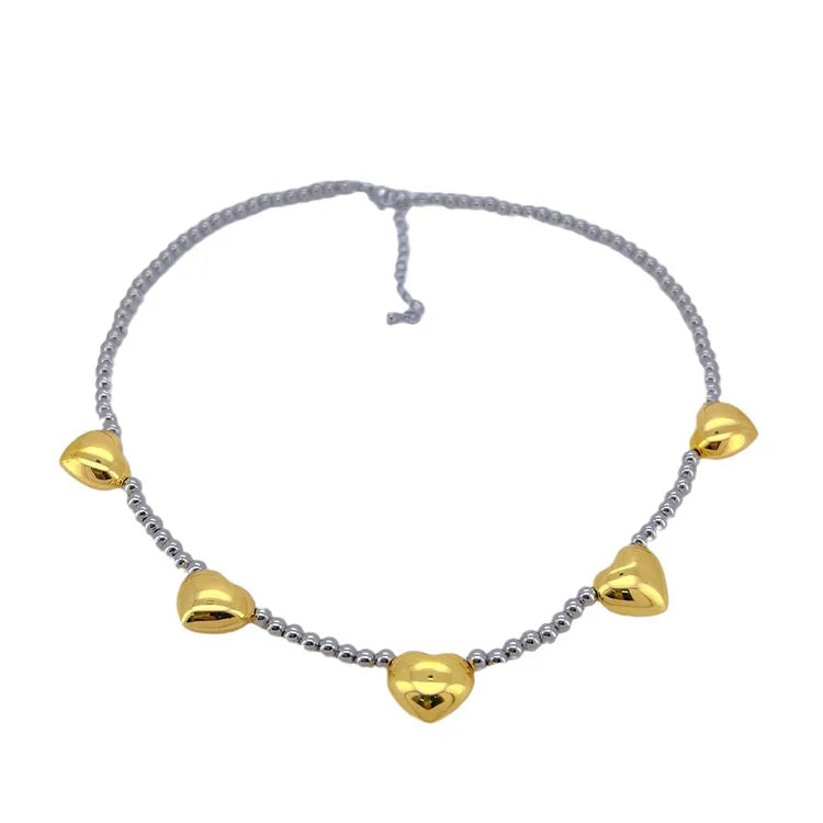 NM1356 Fashion Chic Two Dual Tone Silver Beads Beaded Gold 3D Puffy Puffed Bubble Love  Heart Station Women's Necklace