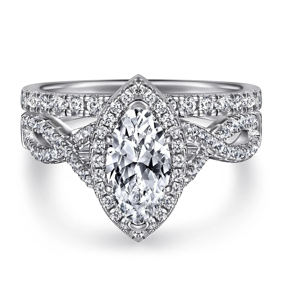 Luxury Jewelry Supplier 925 Sterling Silver Marquise Cut Rhodium Plated Tarnish Resistant White Zirconia Halo Ring for Women