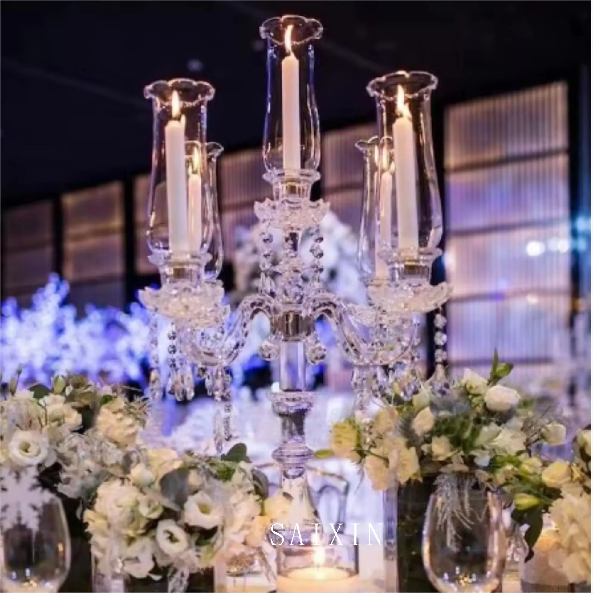 Saixin 5 Heads Cheap Tall Glass Candelabras for Wedding Centerpieces