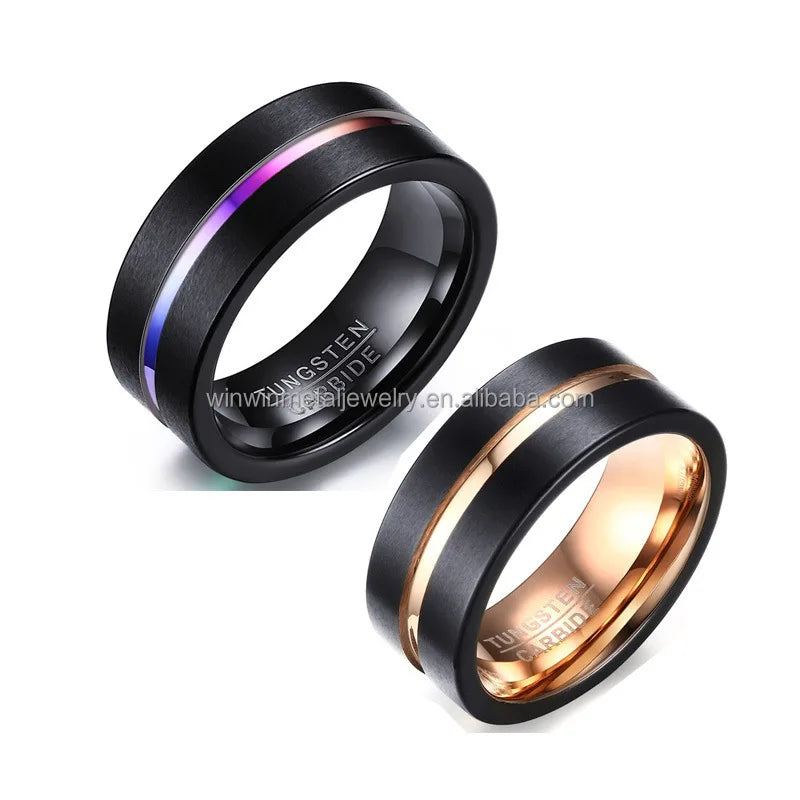 Men's 8mm Black Tungsten Ring Rose Gold Rainbow Two Tone Inlay Fashionable Religious Style Engagement Party Worn Fingers 6mm