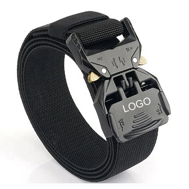 New Custom Zinc Alloy Buckle Tactical  Belt Adjustable Blue Polyester Elastic Webbing Belt for Men