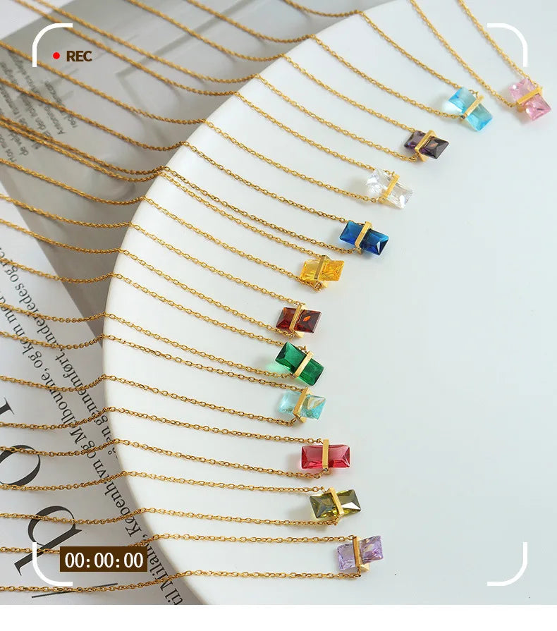 RisingMoon Personalized 18K Gold Jewelry Stainless Steel Chain Rectangle Pendant Zircon Necklace 12 Months Birthstone Necklace