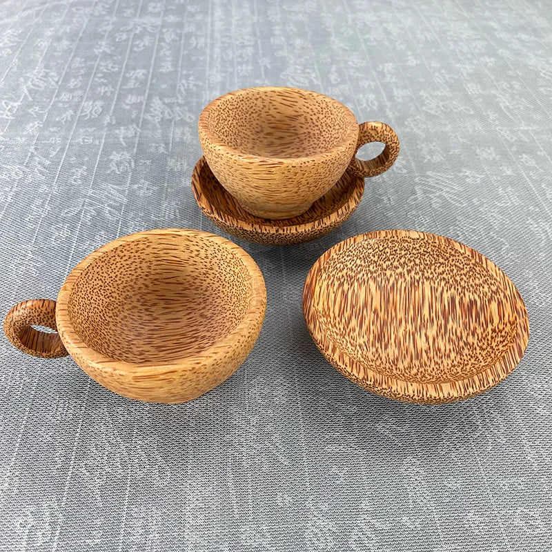 Coconut Wood Cup and Saucer Set Modern Design Natural Solid Wood Handmade Eco-Friendly Reusable Tea Coffee Mug