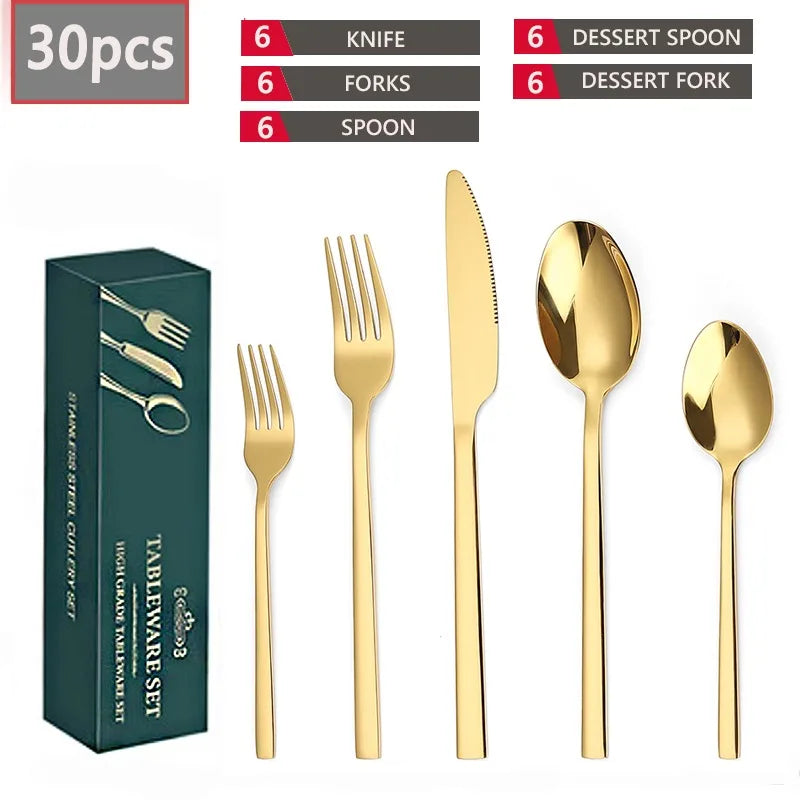 Hot Selling Stainless Steel square Handle Cutlery 30 Pcs Set Knife Fork Spoon Gold Cutlery Set