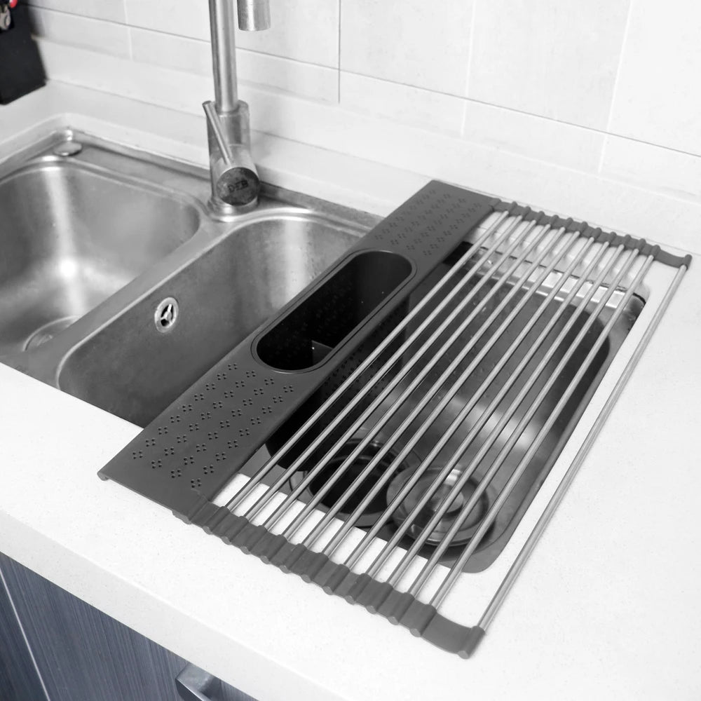 Multi-Use Stainless Steel Foldable Kitchen Drying Rack Sink Roll-up Dish Organizer Tray Drainer Eco-Friendly Food Storage