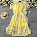 2026 New Arrival V-neck Puff Sleeve Tie-waist Hollow Lace Dress