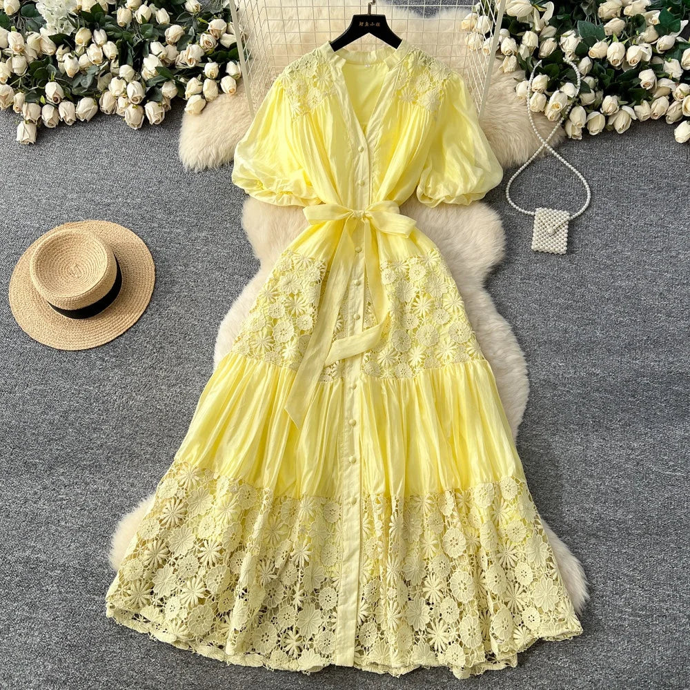 2026 New Arrival V-neck Puff Sleeve Tie-waist Hollow Lace Dress