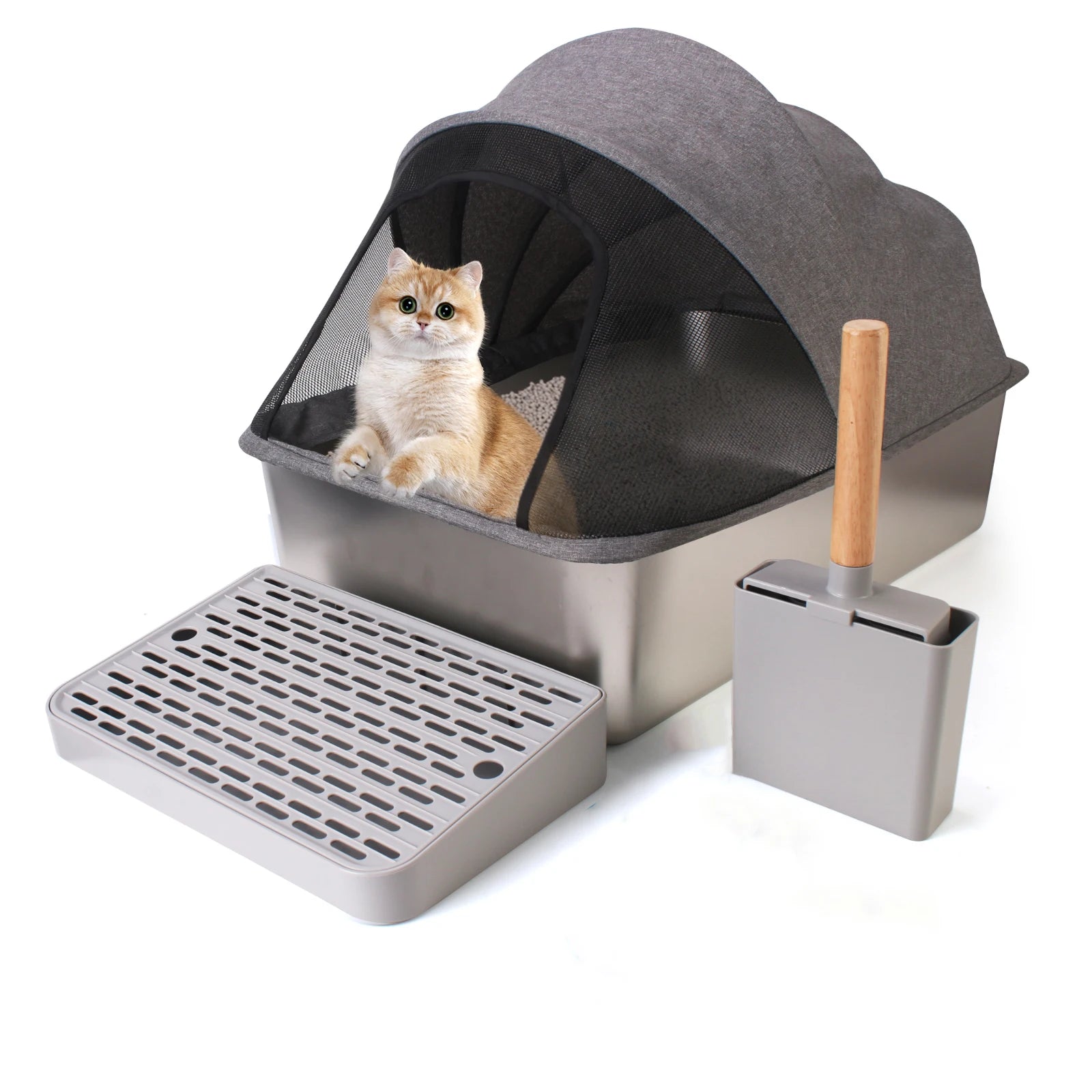 Easy Assembly 20L Large Capacity Storagel Foot-Board Scoop Portable Luxury Stainless Steel Cat Litter Box Cat Toilet Furniture