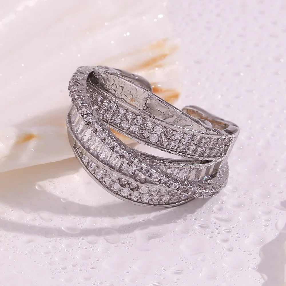 Dreamshow Chunky Brass Jewelry Rhodium Plated Silver Shining Zircon Signet Ring Index Finger Ring