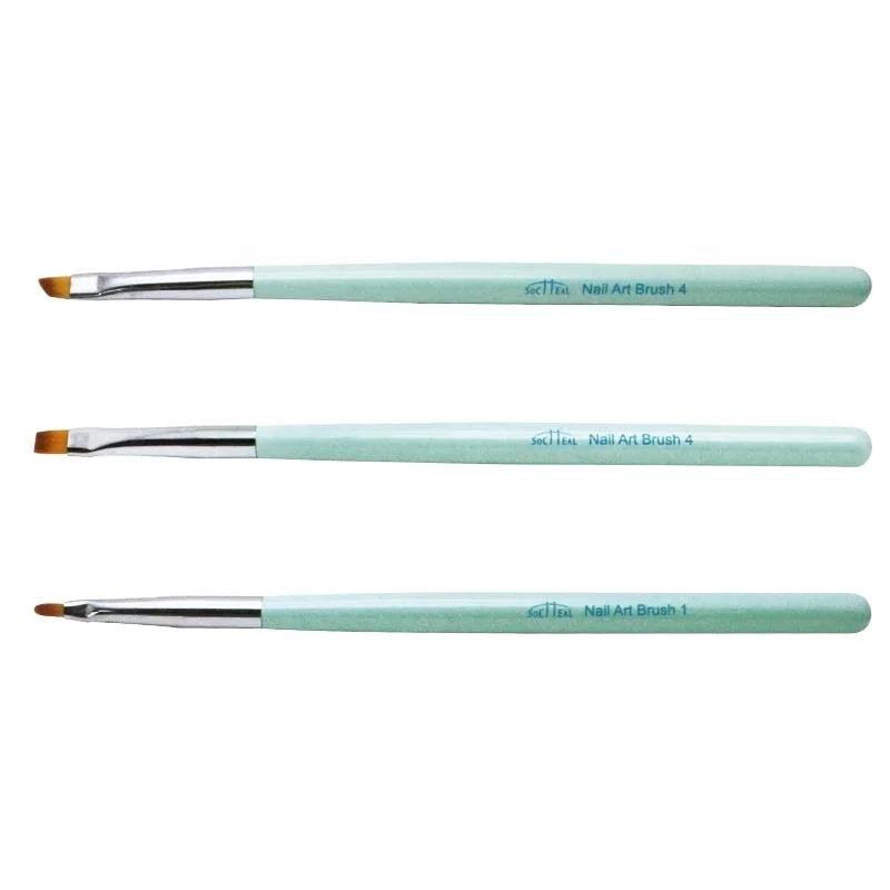 Customized LOGO 3pcs Green Wood Handle Gel Nail Art Brush Set Soft Nylon Oval Flat Slanted Nail Pinceles with Lid for Nail Salon