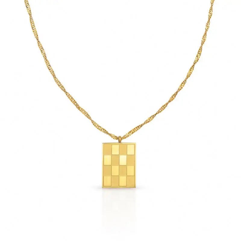 Chris April Fashion Stainless Steel PVD square Checkerboard Pendant Singapore Chain Necklace