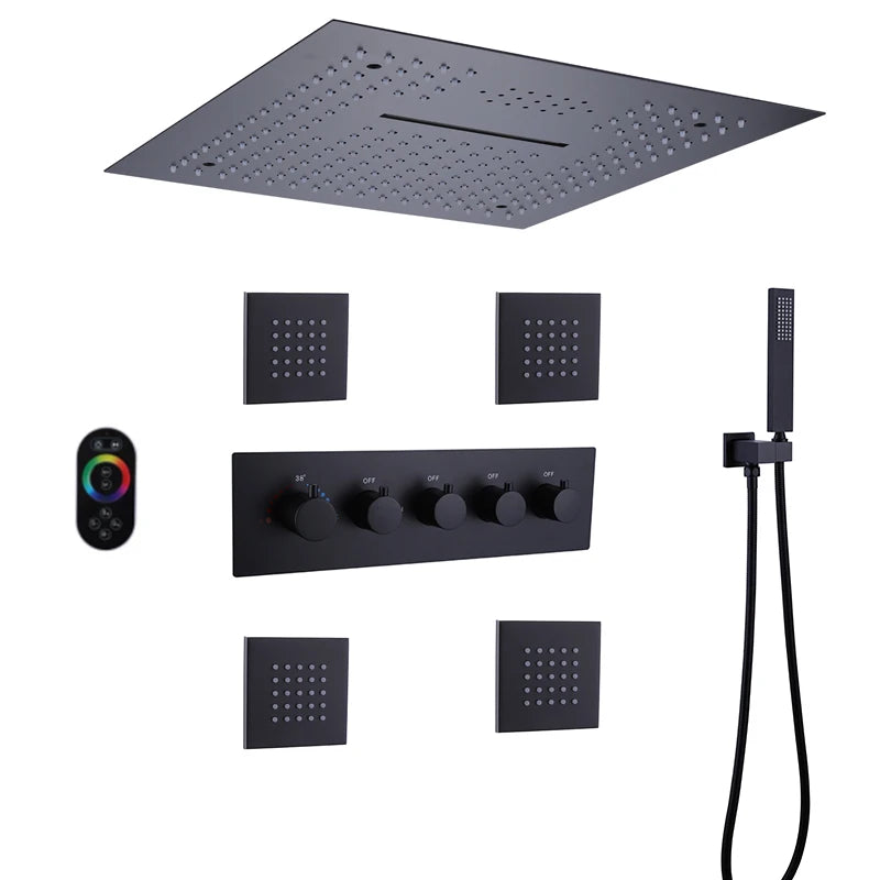 Matte Black Thermostatic Shower Set Play Music LED Shower System