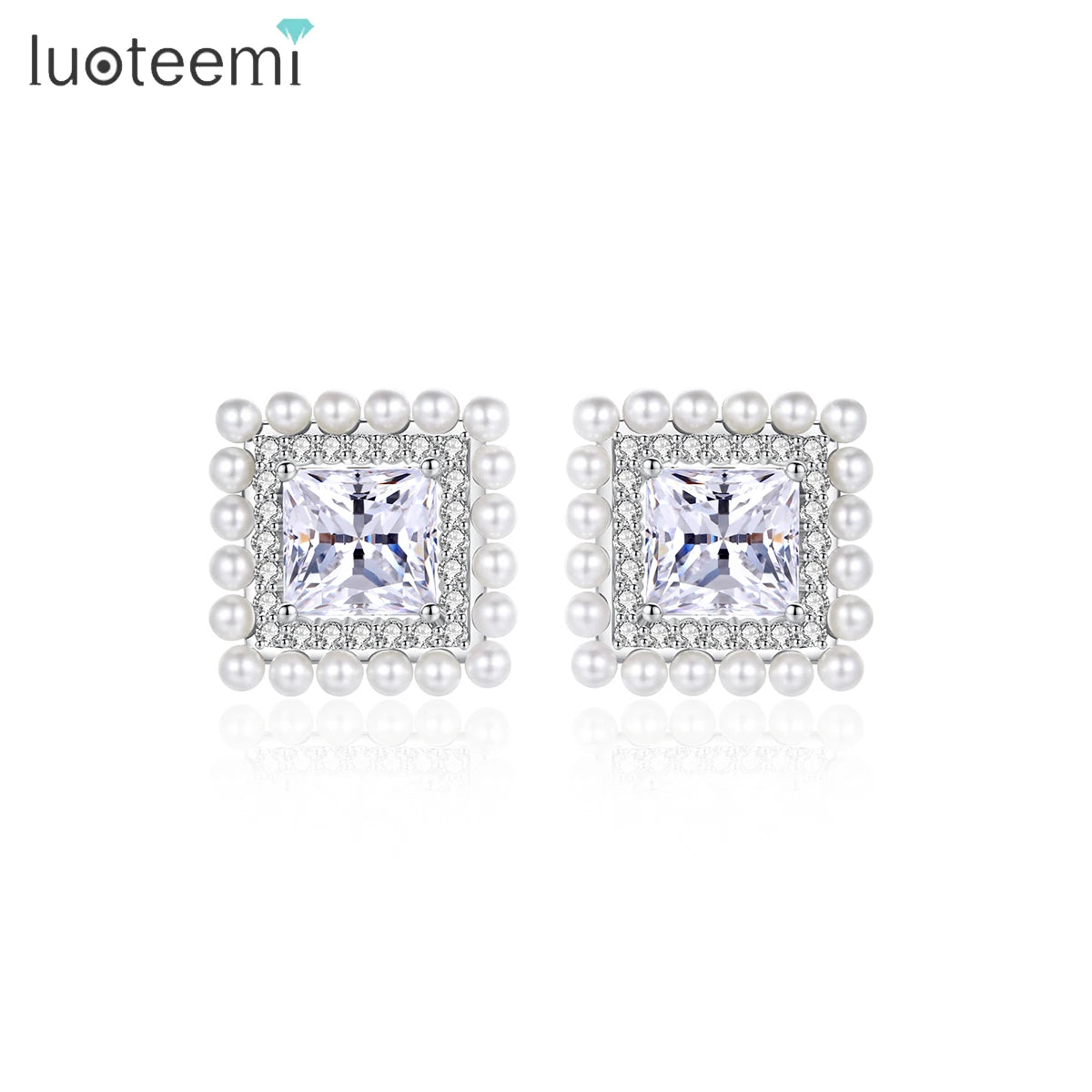 LUOTEEMI Stud Square Woman Imitation Pearl Korean Fashion Charm Earing Lady Large Zircon New Cubic Jewellery Earring