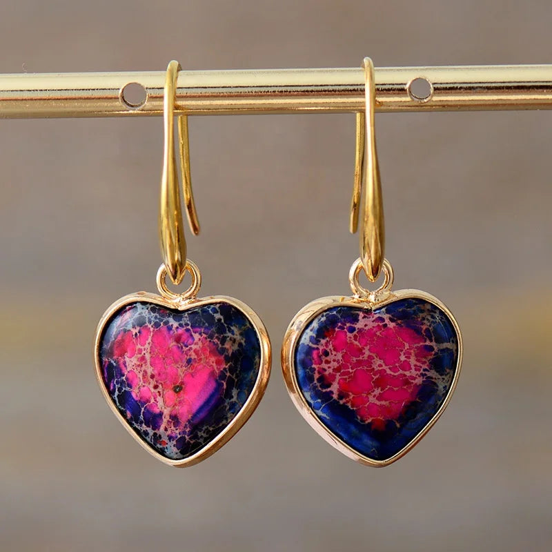 Gold Plated Heart-Shaped Sea Sediment Jasper Dangle Drop Earrings Stud Biju Princess Cut Jewelry for Weddings Engagements