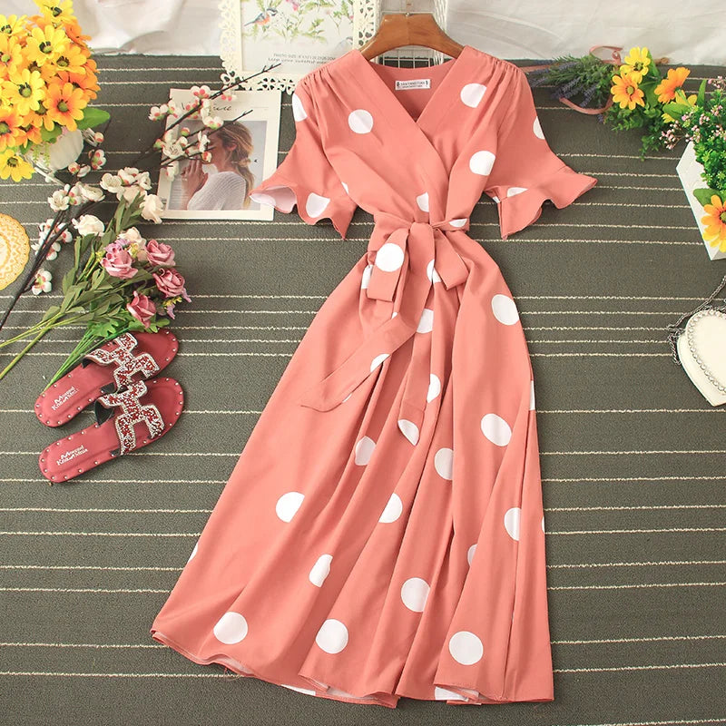 Women Floral Dress _ Summer Bohemian A-Line Slash Neck Short Sleeves Dress Summer Vintage Beach V Neck Polka Dot Sundress