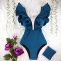 Women Solid One Piece Swimsuits Girl Shoulder Floral Swimwear Push up Bathing Suits Bodysuits Beach Wear Ruffle Monokini