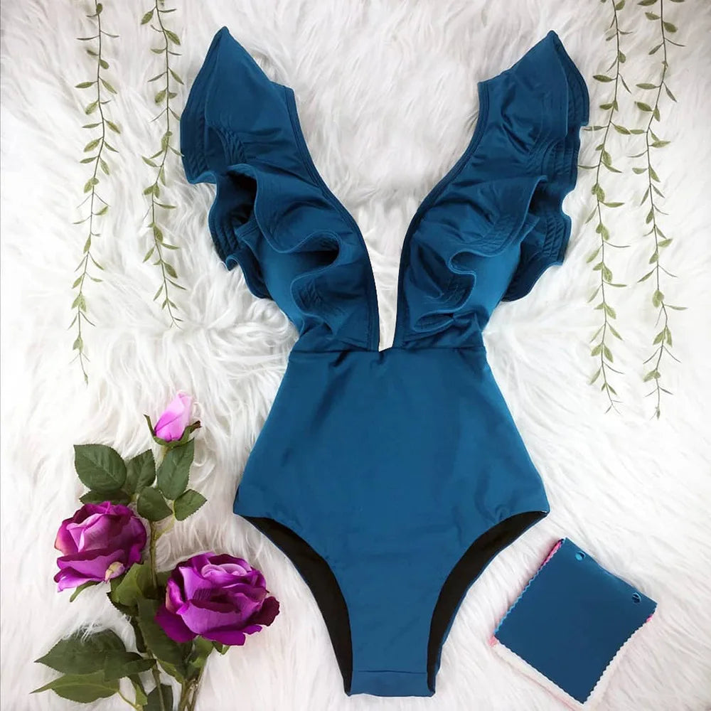 Women Solid One Piece Swimsuits Girl Shoulder Floral Swimwear Push up Bathing Suits Bodysuits Beach Wear Ruffle Monokini
