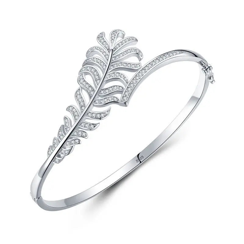 Fashion Jewelry Single Cuff Leaves Bracelets & Bangles Pave Zircon for Women Girls 925 Sterling Silver Bracelet