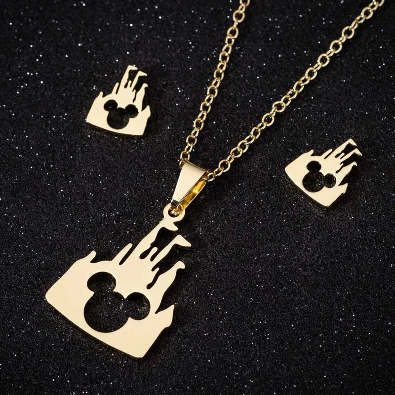 Cute Non Tarnish 18K Gold Plated Stainless Steel Women Mickey Head Minnie Earring Necklace Jewelry Sets for Ladies