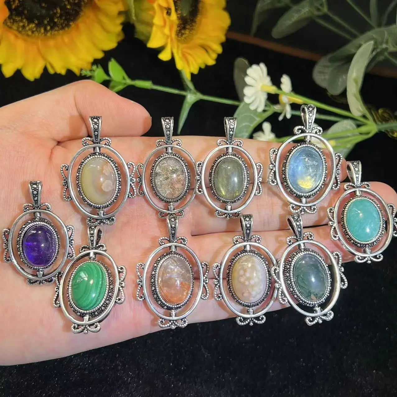 Different Crystal Materials Copper Pendants Natural  Aquamarine Necklace Pendant