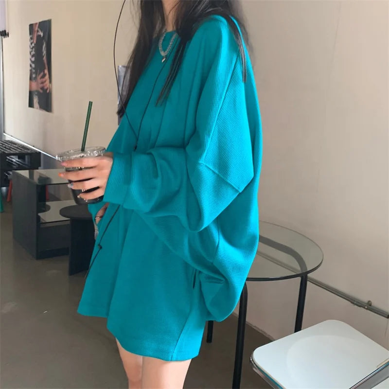 Women Oversize Loose Fit Sweatshirt and Shorts Set Lightweight Waffle Women 2 Piece Set