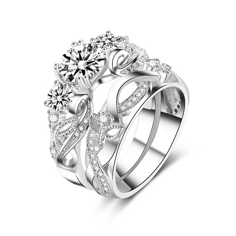 Luxury Imitated Moissanite Diamond Leaf Ring Sets Cubic Zircon Platinum Plated Couple Ring for Women Wedding Engagement Jewelry
