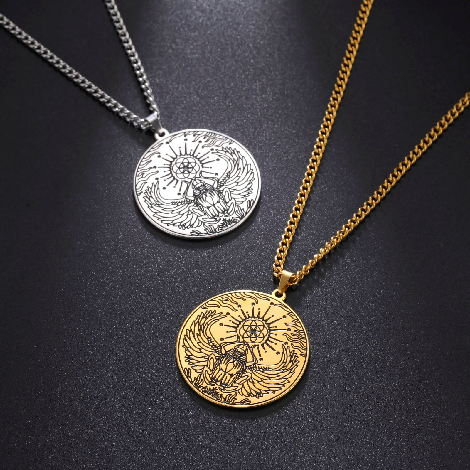 Hot Selling Seed of Life Ancient Egyptian Scarab Pendant Necklace Sacred Geometric Ankh Cross Talisman Stainless Steel Jewelry