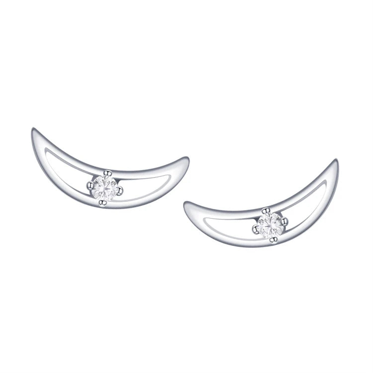 Fine 925 Sterling Silver Crystal CZ Diamond Crescent Moon Stud Earrings For Women