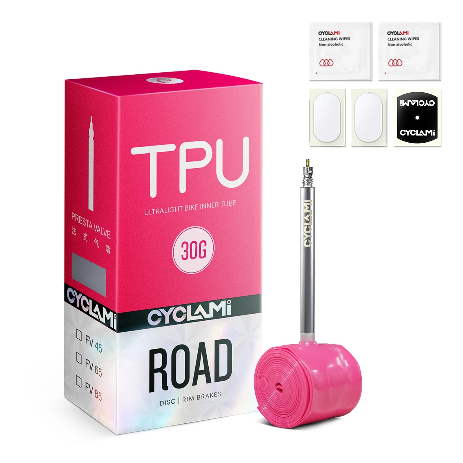 CYCLAMI 30g 700C Road Bicycle Tube 45mm 65mm 85mm Aluminium Alloy FV Valve with Tire Patches 30g Inner Tube for Road Bike