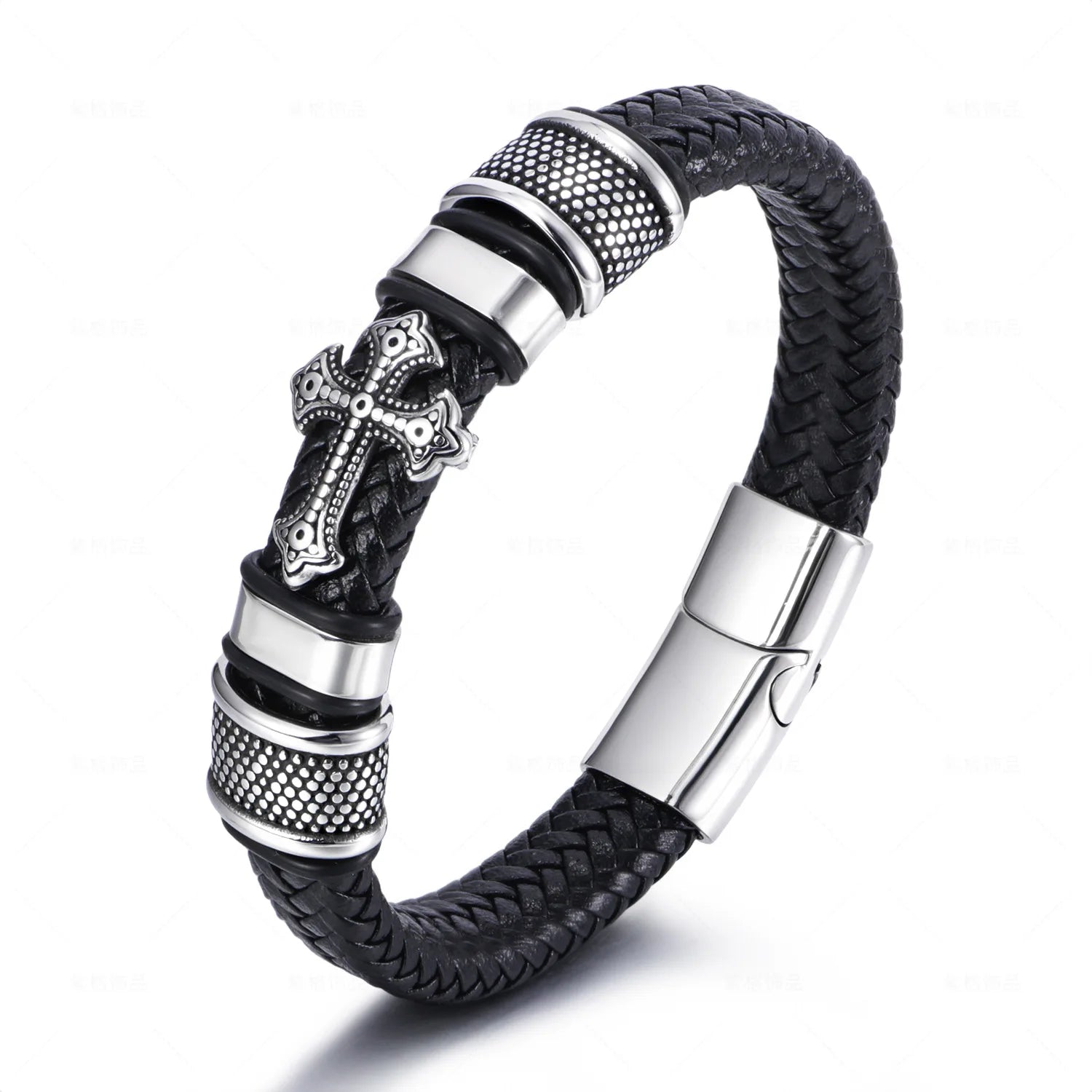 Punk Black Adjustable Stainless Steel Magnetic Buckle Male Leather Cross Bracelet