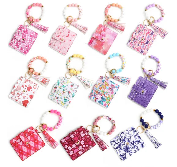 Wallet Wristlet Card Holder Bracelet Key Chain for Valentine's Day Gift Purse Bangle Tassel Beads Key Rings for Women