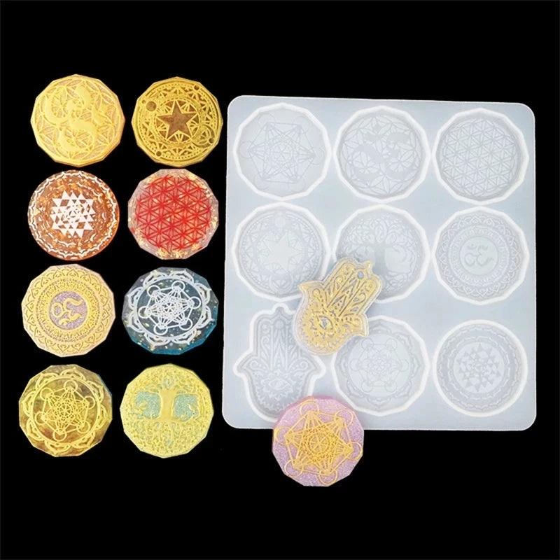 Rune Resin Mold Silicone Eco-Friendly DIY Symbol Epoxy Casting Molds 9 Geode for Jewelry Pendant Making with OPP Bag