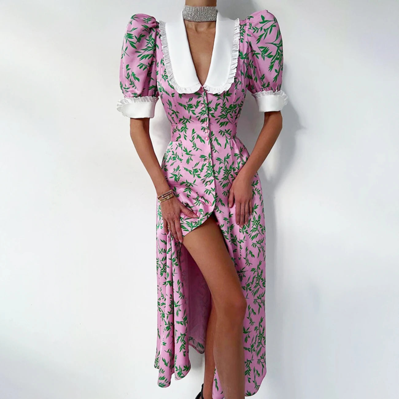 Enyami Summer Romantic Chic Femme Party Floral Printed Puff Sleeve Ladies Causal A-Line Long Maxi Elegant Women Dress