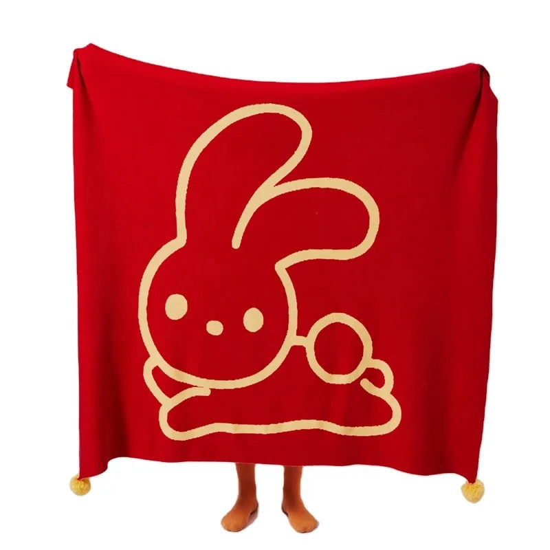 Chinese New Rabbit Year Wholesale 100% Cotton Soft Knitted Throw Blanket for Sofa Custom Organic HXT