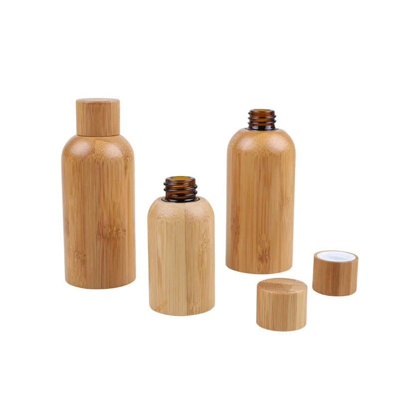 MOQ 100 Pcs Engraving LOGO Bamboo Wooden Lid Cosmetic Roller Packing Set Glass Oil Bottles Plastic Cream Jars